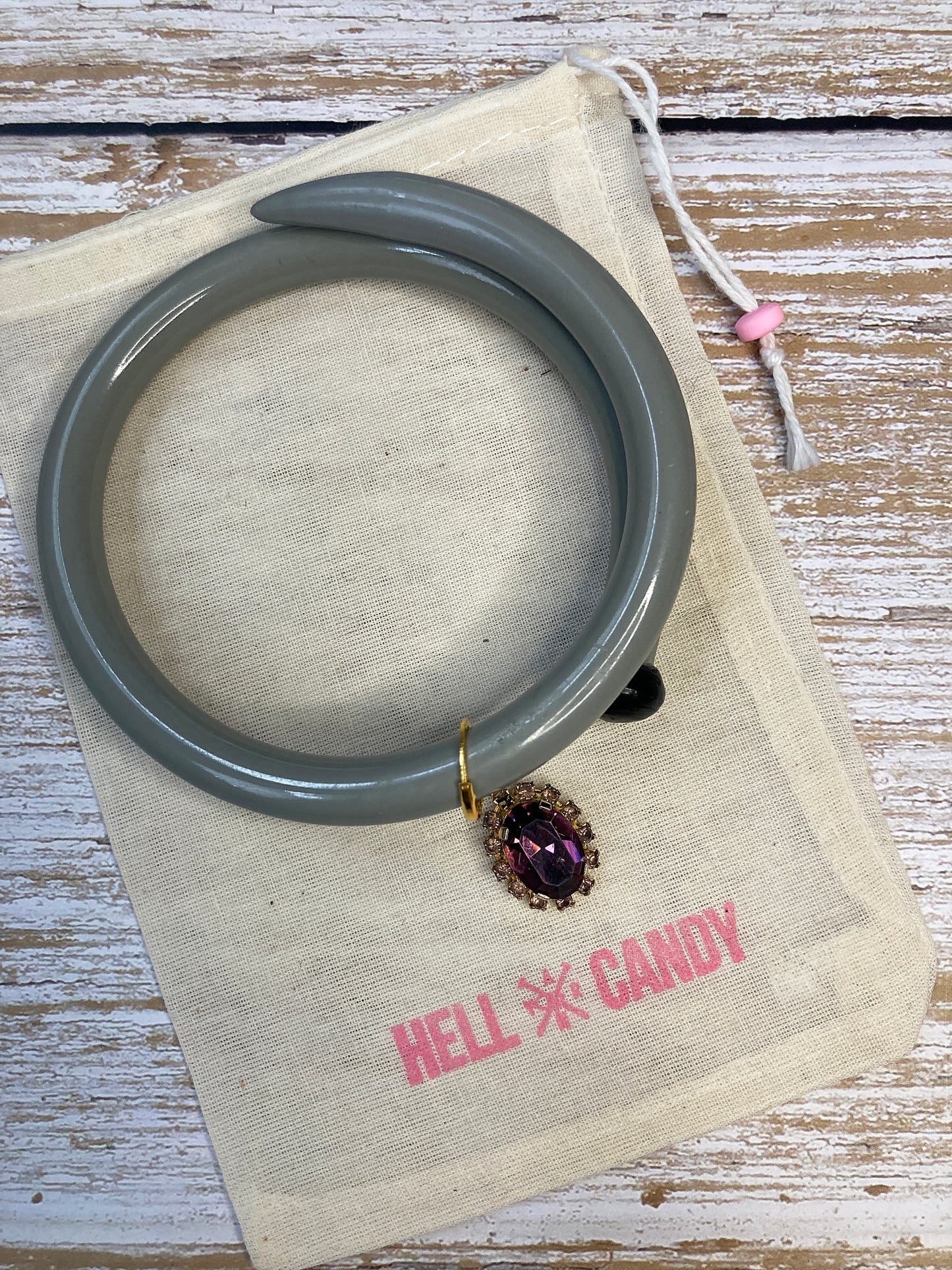 Hellcandy | Knitting Bangle - grey with purple crystal charm