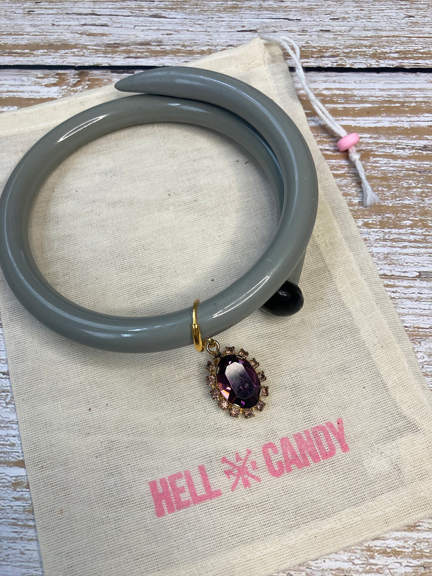 Hellcandy | Knitting Bangle - grey with purple crystal charm
