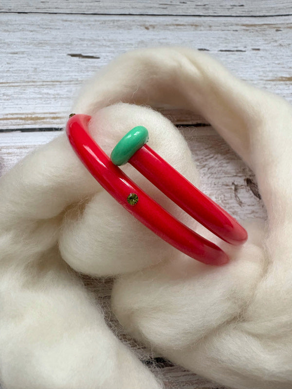 Hellcandy Vintage Knitting Bangle - Festive Special - Red with Green Rhine stones