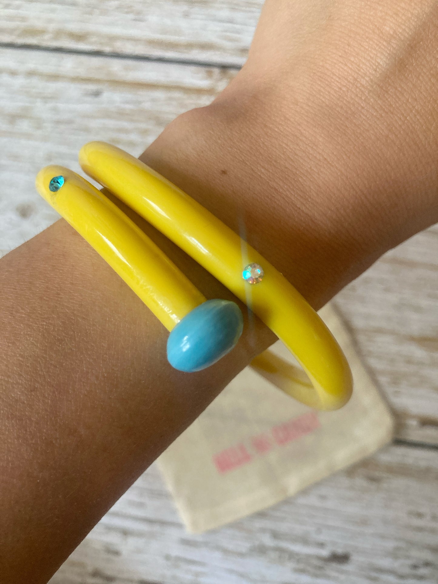 Hellcandy | Knitting Bangle - yellow and blue with rhinestones