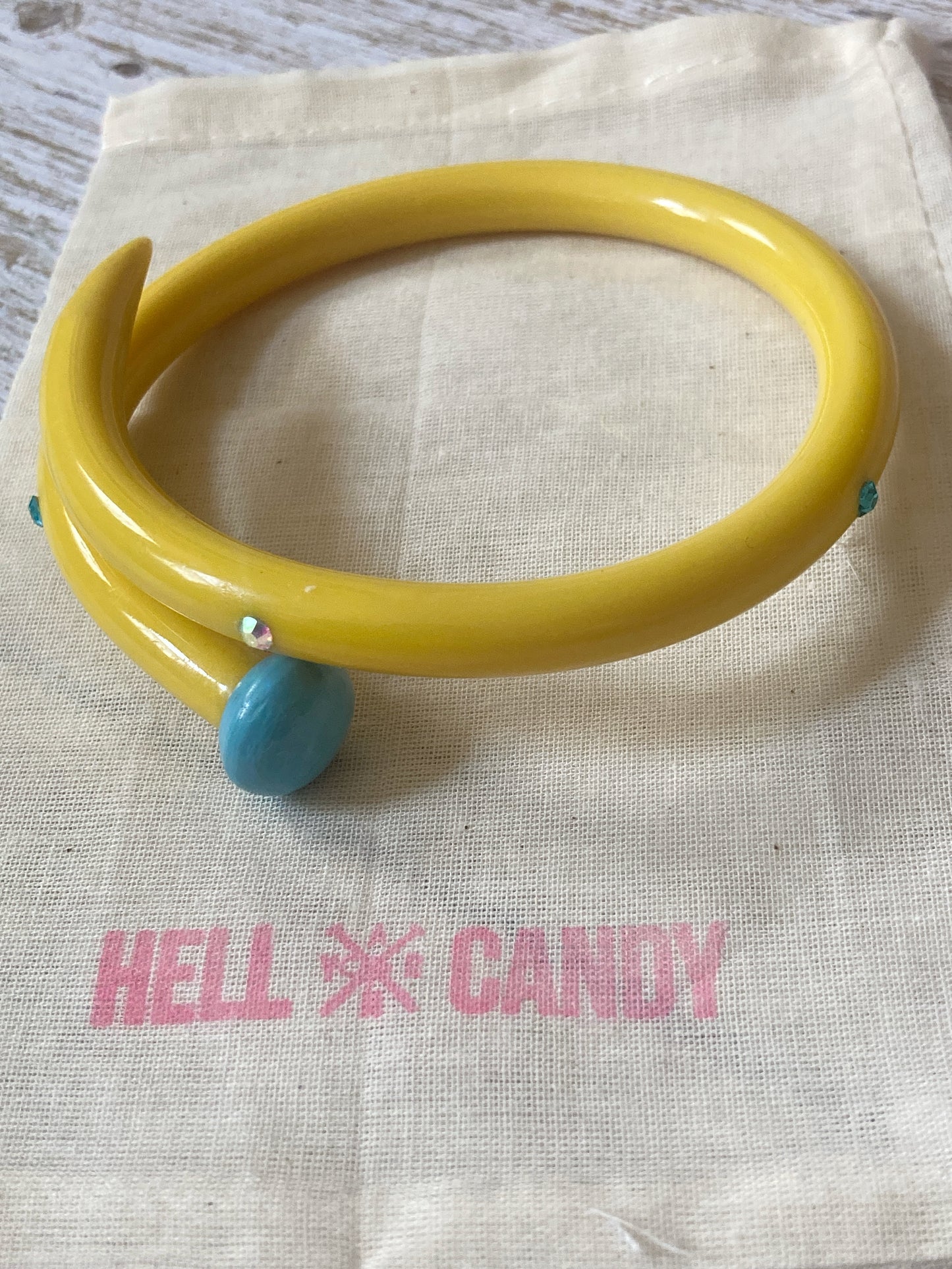 Hellcandy | Knitting Bangle - yellow and blue with rhinestones