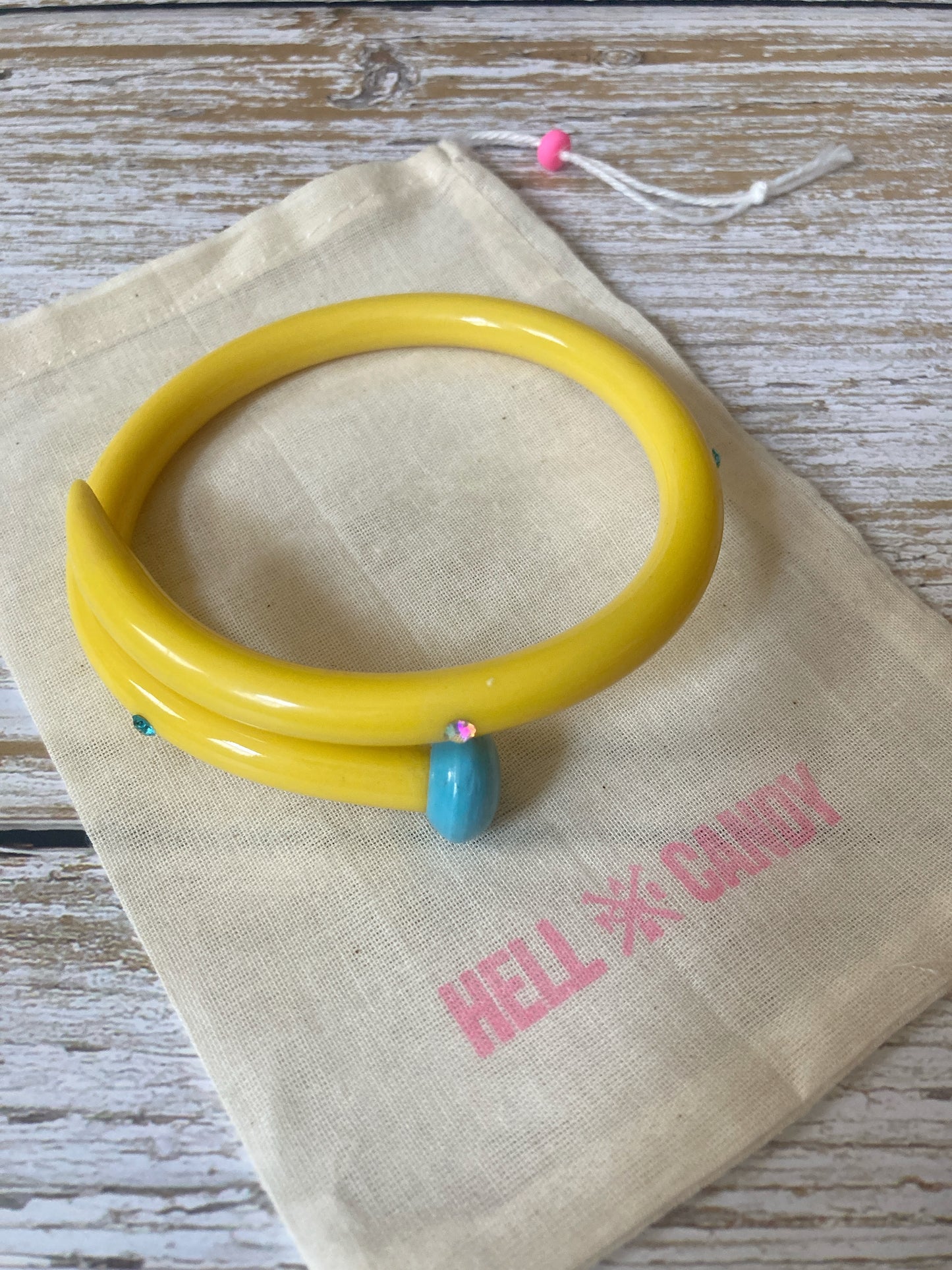 Hellcandy | Knitting Bangle - yellow and blue with rhinestones